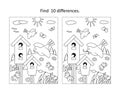 Birds feed their nestlings in birdhouses find the differences picture puzzle and coloring page